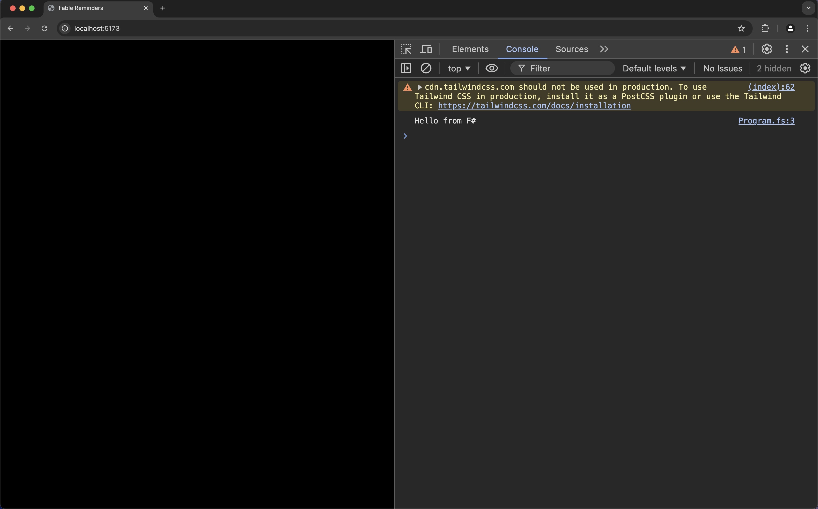 FableReminders running in Google Chrome with the DevTools console open and the text “Hello from F#”