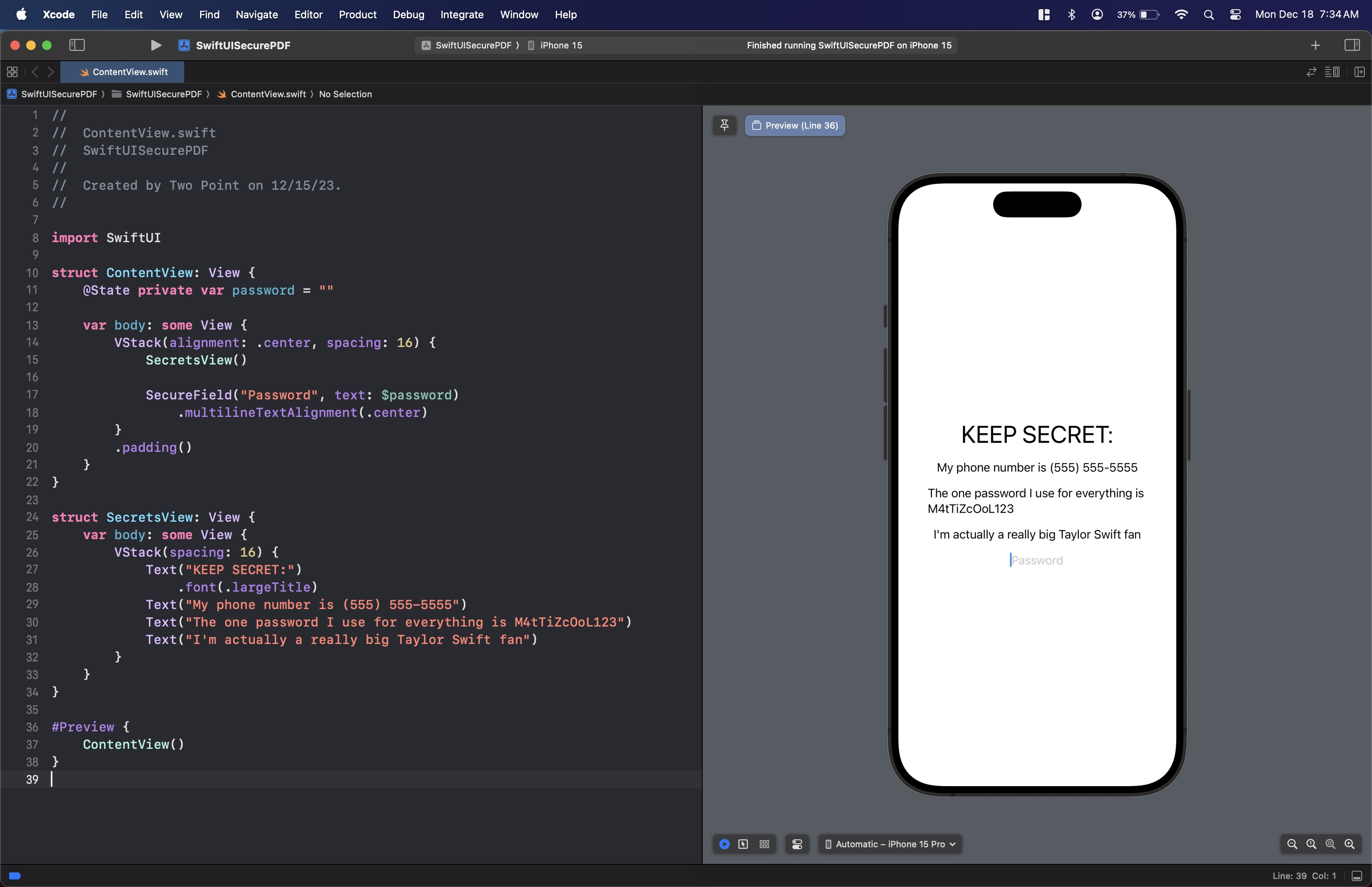ContentView with state for password and a SecureField running in an Xcode Preview
