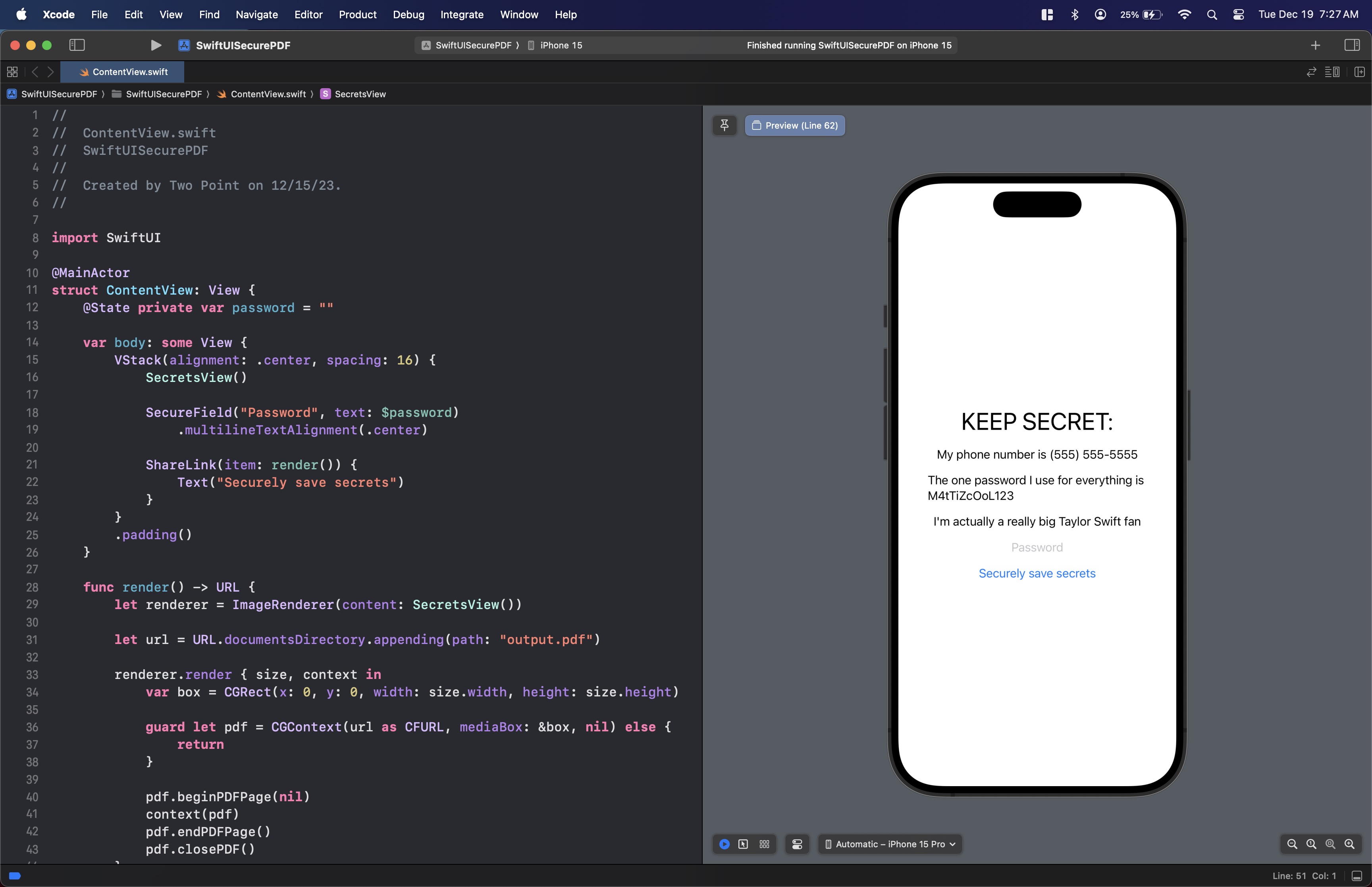 Screenshot of Xcode with share sheet code wired up running in an Xcode Preview