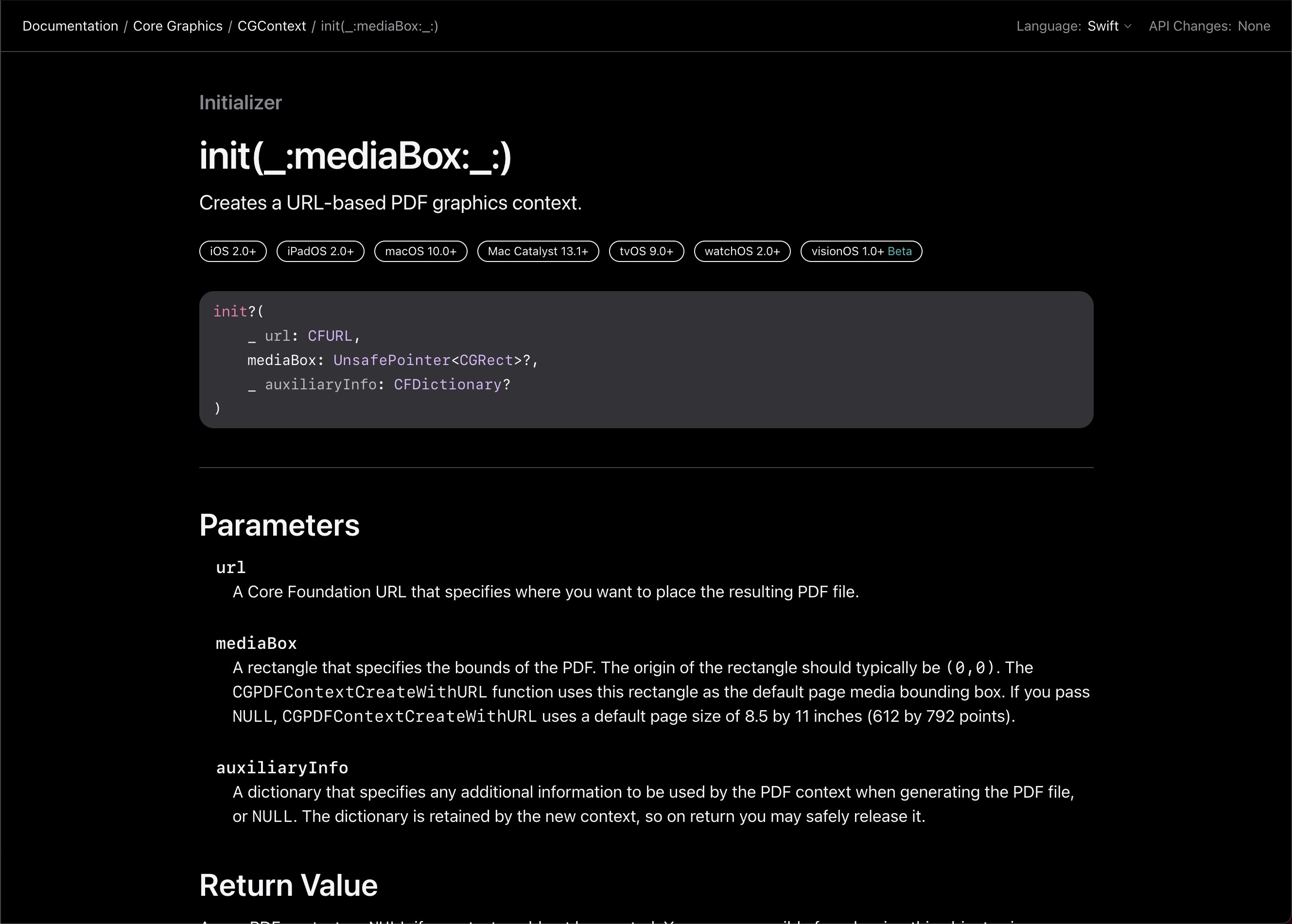 Screenshot of Apple’s documentation for a URL-based CGContext