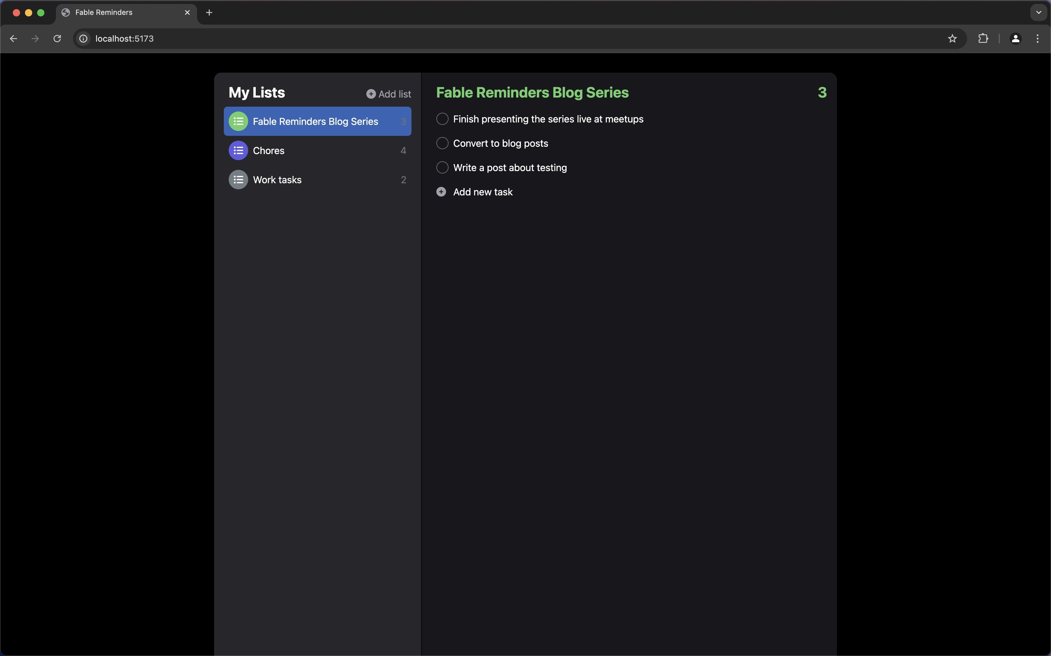 The finished FableReminders running in Google Chrome with several lists and tasks