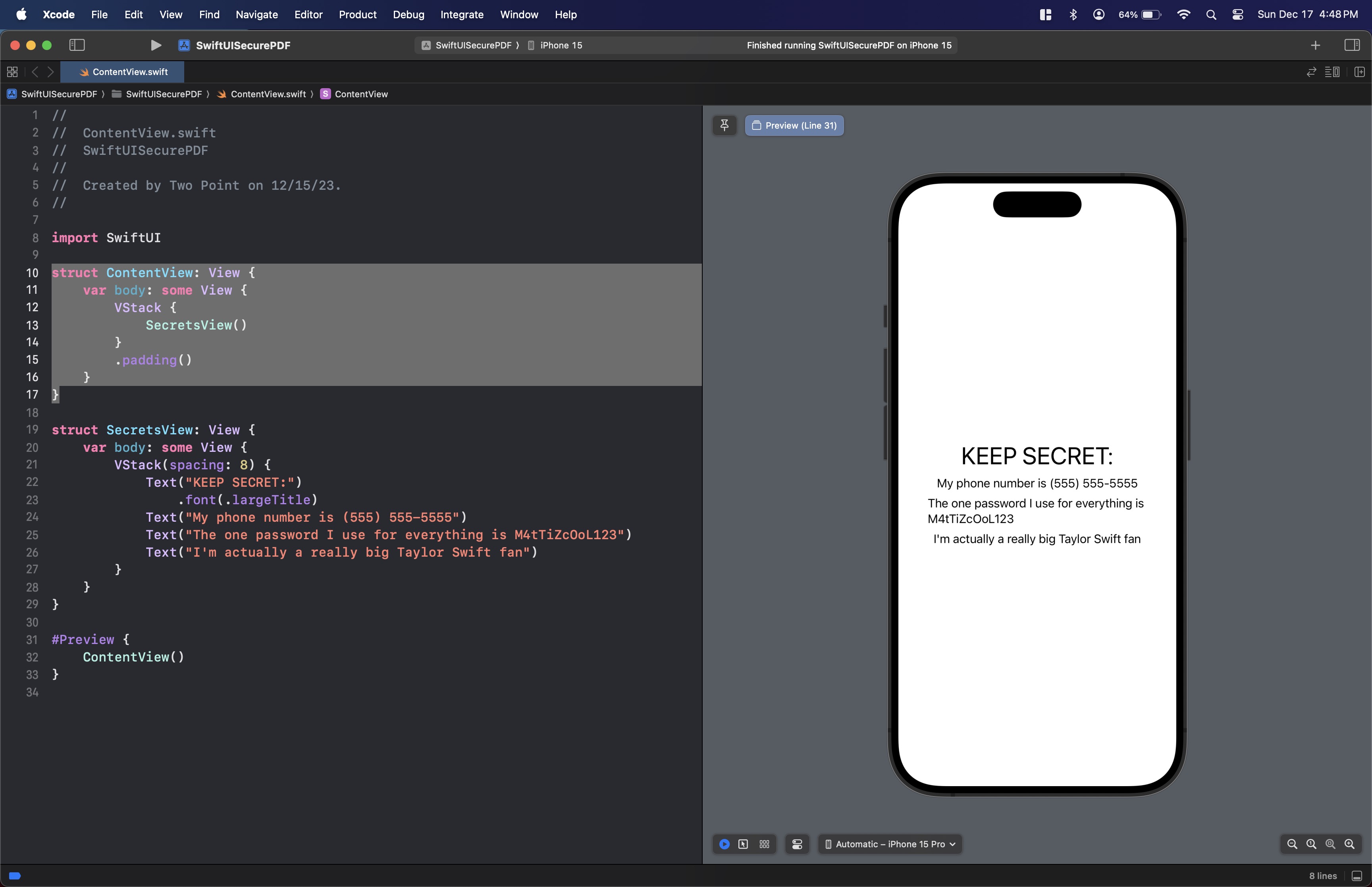 SecretsView running in an Xcode Preview