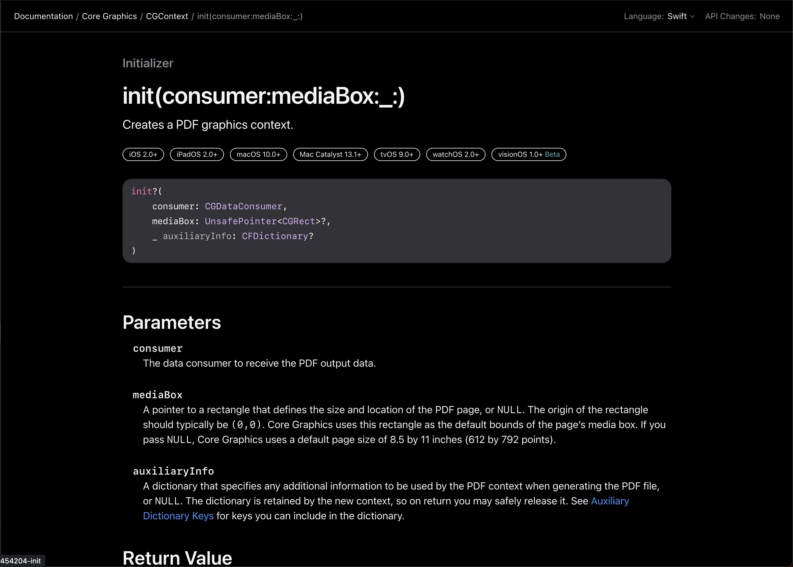 Screenshot of Apple’s documentation for a URL-based CGContext