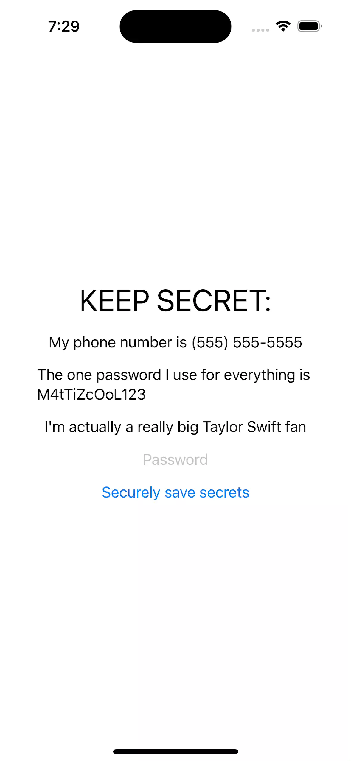 Screen recording of entering a password (that does nothing yet) and launching a share sheet with the SwiftUI view as a PDF